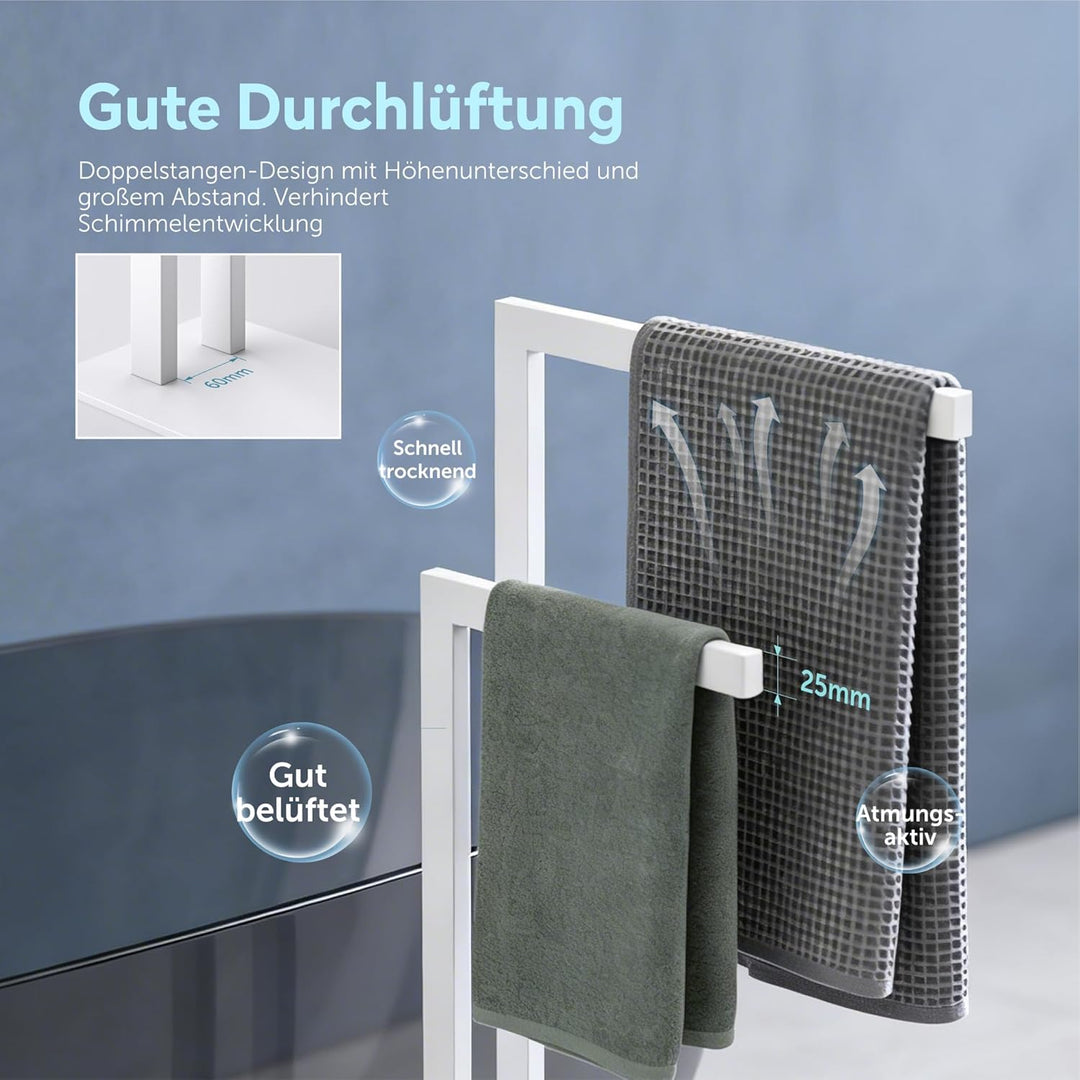 doporro Handtuchständer Freistehend, Handtuchhalter Stehend weiss Edelstahl mit 2 Stangen, Badetuchh