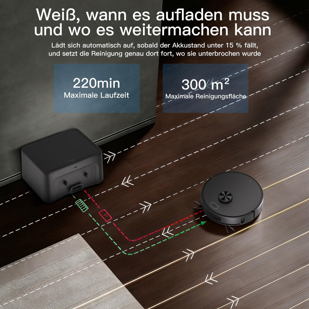 Saugroboter mit Wischfunktion, 8000Pa 200Min 70-Tage Freihändig Staubsauger Roboter mit Absaugstatio