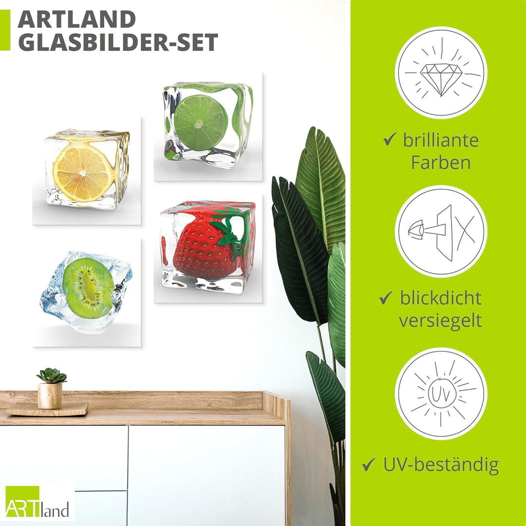 ARTland Glasbilder Wandbild Glas Bild Set 4 teilig je 20x20 cm Quadratisch Früchte im Eiswürfel Obst