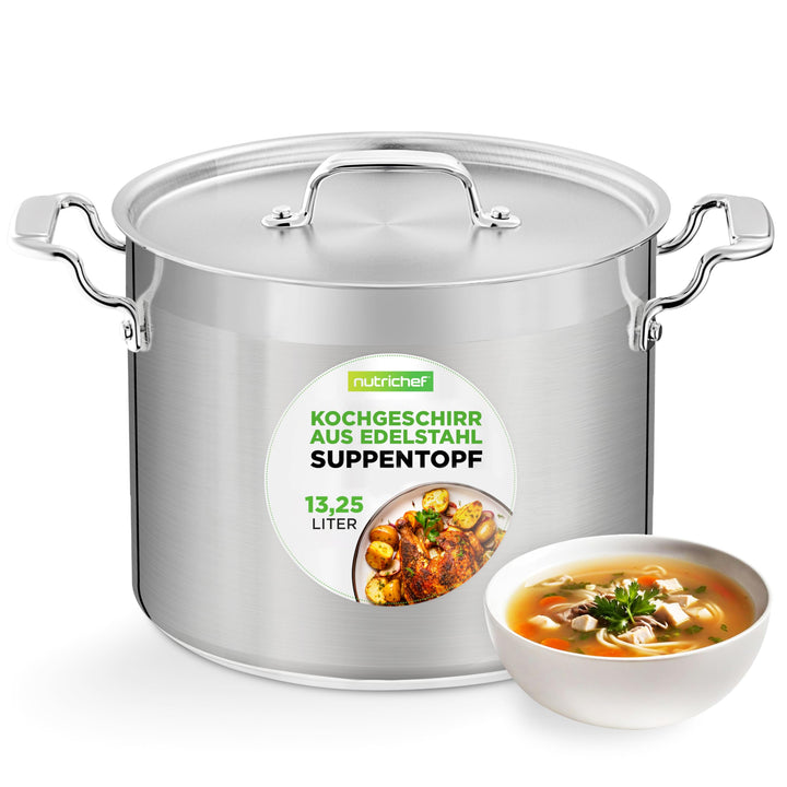 NutriChef Edelstahl Kochtopf 13,2L Induktion – Suppentopf mit Deckel, Profiqualität für Gastronomie