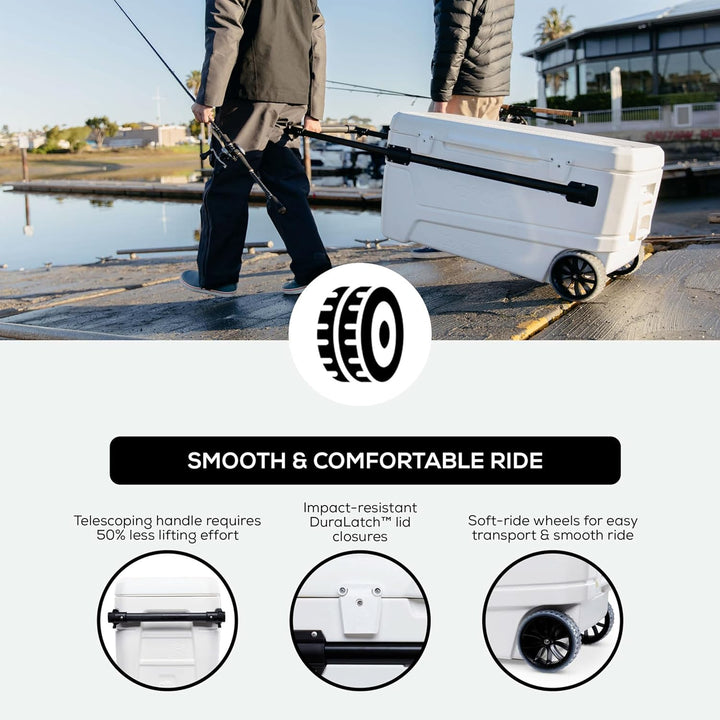 Igloo Kühlbox Glide 110 mit Teleskopgriff und grossen Rädern, 104 Liter für Boot, Angeln, Camping un