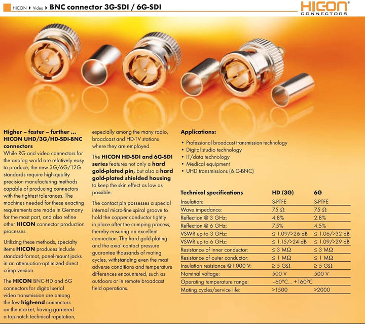 SOMMER CABLE Video-Patchkabel 6G-SDI / 4K SC-Vector 0.8/3.7, BNC 0.8/3.7-6G Hicon, schwarz (3m) 3m /