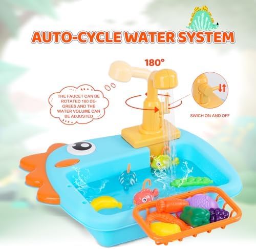 Küchenspüle Spielzeug Set mit Angelspiel, Kinderspüle mit Fliessendem Wasser, Spülbecken Kinderküche
