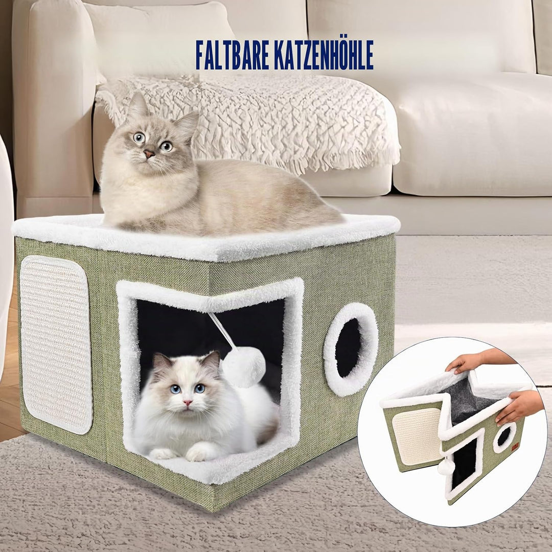 Katzenbetten für Indoor-Katzen, grosses Katzenhöhlenbett mit Kratzunterlage und flauschigem Ball, fa