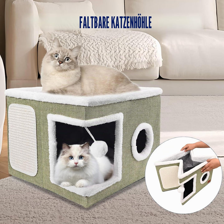 Katzenbetten für Indoor-Katzen, grosses Katzenhöhlenbett mit Kratzunterlage und flauschigem Ball, fa