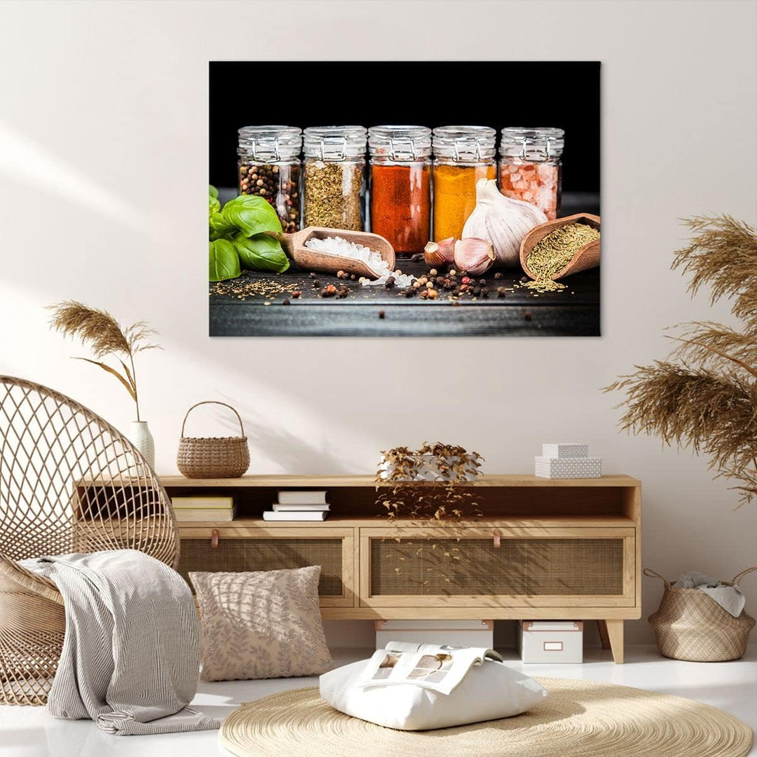 Bilder auf Leinwand 100x70cm Leinwandbild Gewürze Knoblauch Holz Salz Gross Wanddeko Bild Schlafzimm