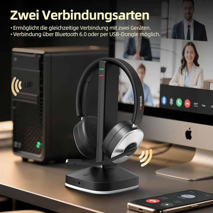 Wantek Kabelloses Headset mit Mikrofon, Bluetooth Headset mit Ladestation, Wireless Kabelloses Headp