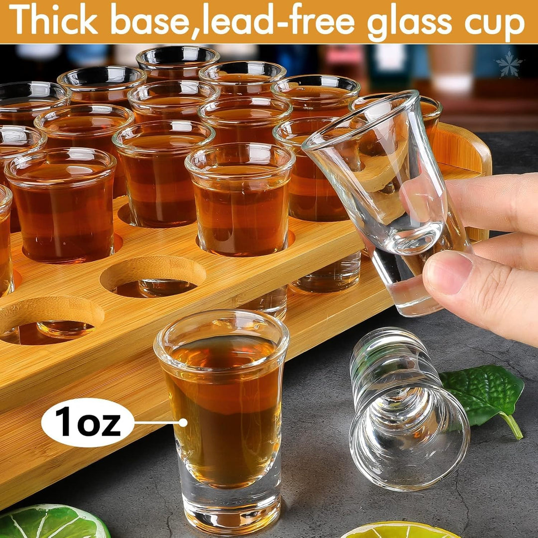Schnapsglas-Set, 24 Stück, 30 ml, Schnapsglas-Halter, dicker Boden, klares Glas für Party, Club, Bar