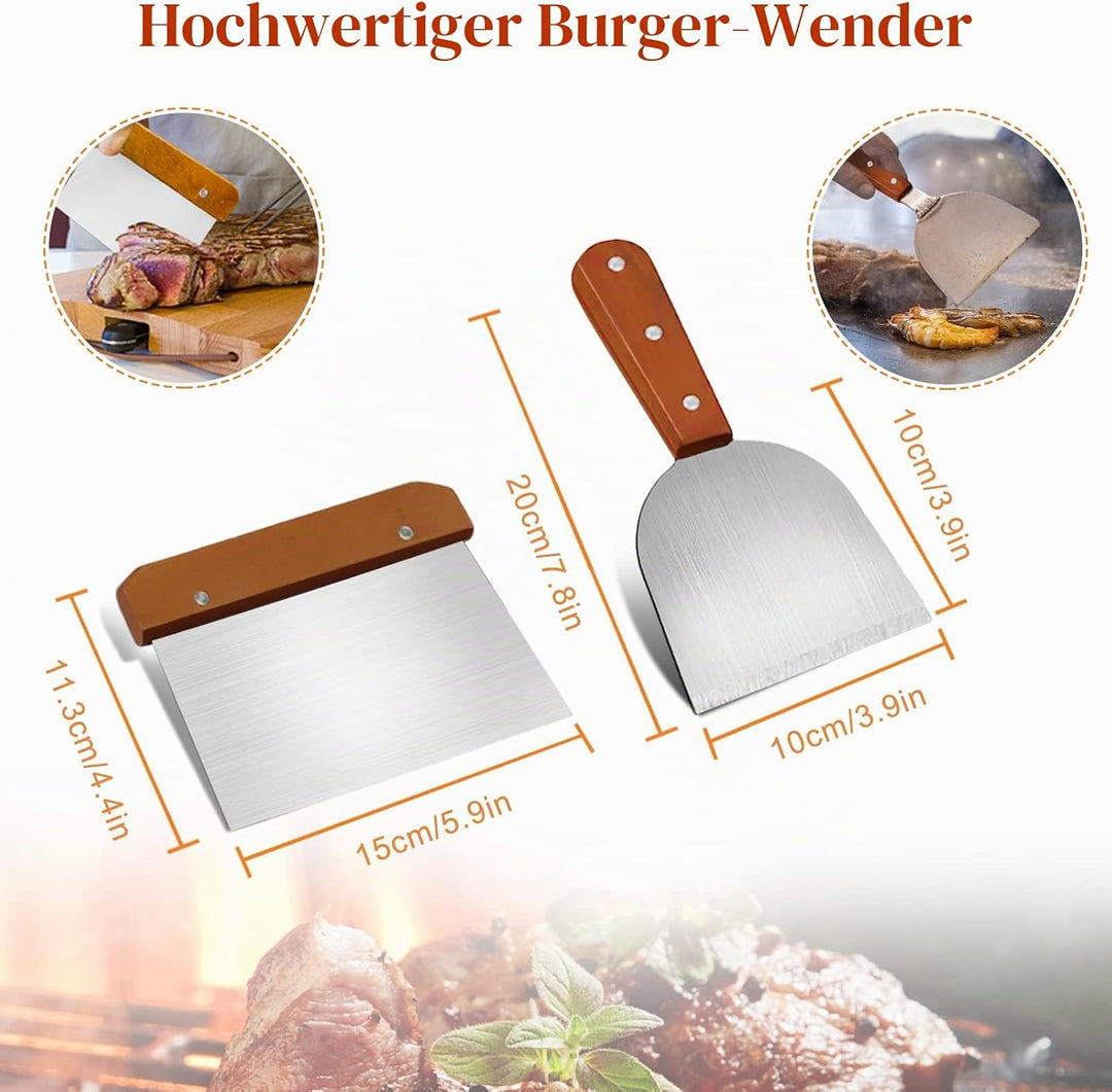MAIKEHIGH Grillspachtel Plancha Kit Edelstahl Grillbesteck - 9 Stück Schwerer Edelstahl Pfannenwende