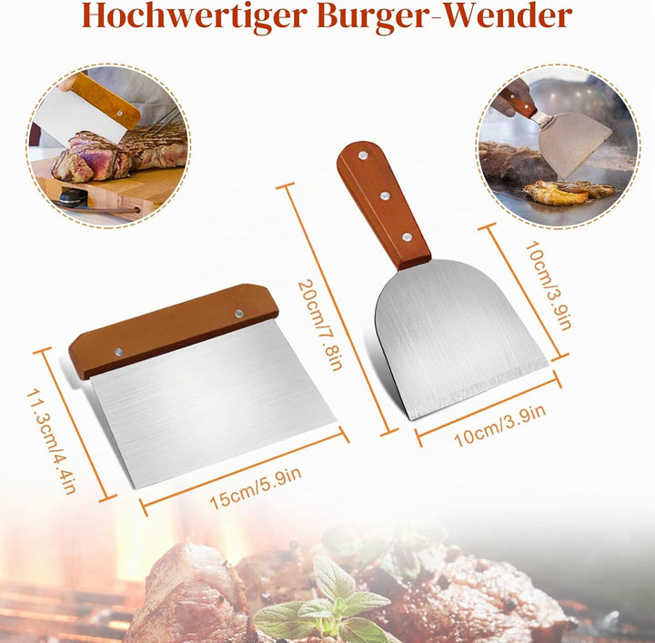 MAIKEHIGH Grillspachtel Plancha Kit Edelstahl Grillbesteck - 9 Stück Schwerer Edelstahl Pfannenwende