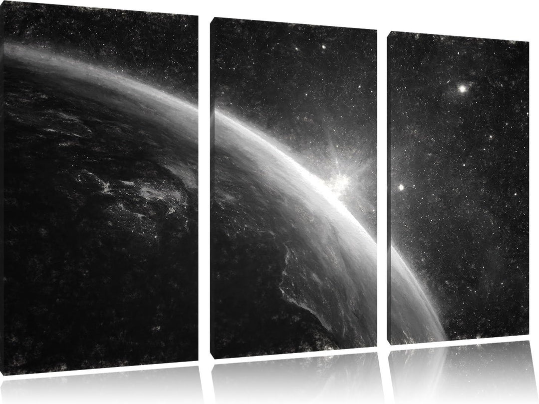 Pixxprint Sonne und Erde im Weltall / 3-Teilig/Gesamtmass 120cm Leinwandbild bespannt auf Holzrahmen