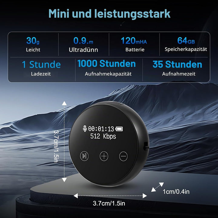 Digitales Diktiergerät, 64 GB, 3072 Kbps, Sprachaktivierung, Geräuschreduzierung, USB-Aufladbar, Mag