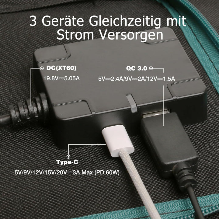 100W Faltbarer Solarpanel, Tragbares Monokristalliner Solarmodul mit Schnellladefunktion USB-C PD 60