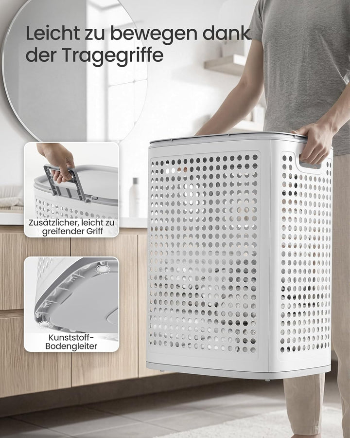 SONGMICS Wäschekorb mit Deckel, Wäschesammler Plastik, 75 L, Wäschetonne schmal, Wäschebox platzspar