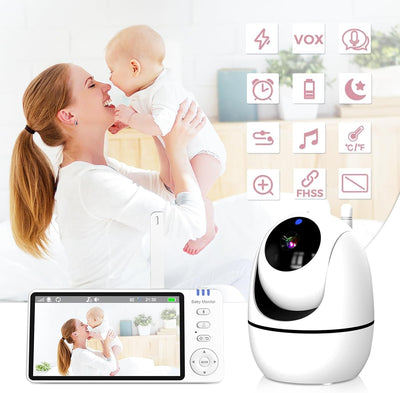 HT Babyphone mit Kamera, 5-Zoll-Bildschirm, 720P-Kamera, Zwei-Wege-Audio, Fernbedienung Drehung von