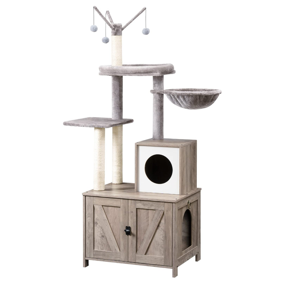 HOOBRO Kratzbaum mit Katzenklo-Schrank, 2-in-1 Katzenbaum, 150 cm, versteckte Katzentoilettenmöbel,