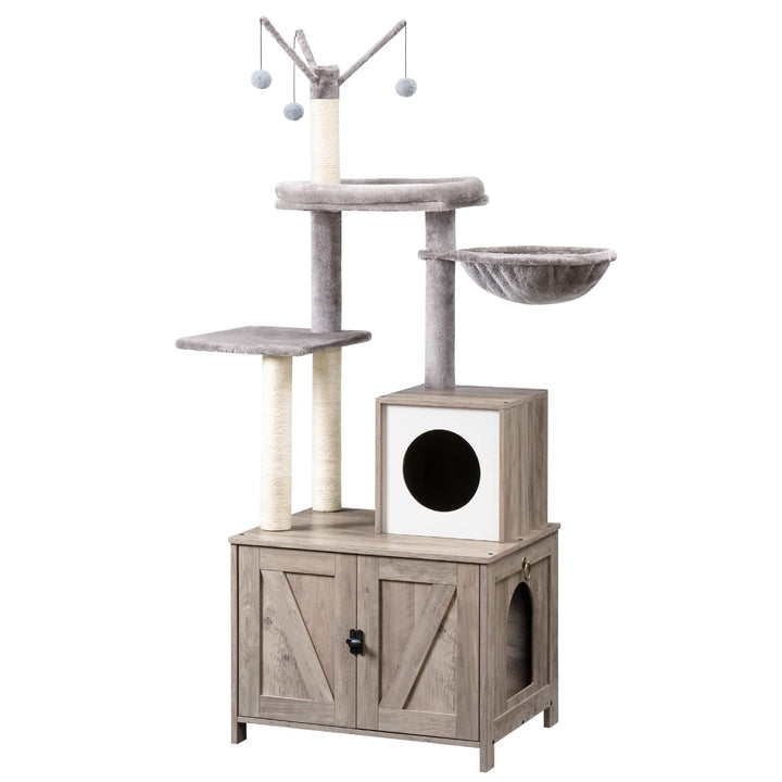 HOOBRO Kratzbaum mit Katzenklo-Schrank, 2-in-1 Katzenbaum, 150 cm, versteckte Katzentoilettenmöbel,