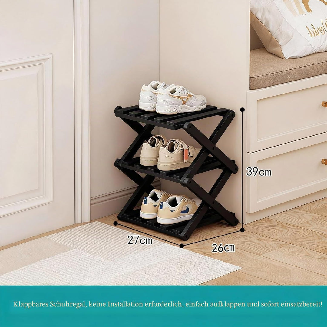 Kleines Schuhregal, schwarz, 3 Etagen, Bambus, faltbar, Schuh-Organizer, freistehendes Regal für Ein