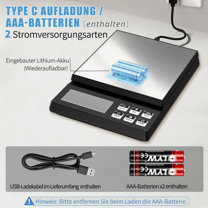 Hochpräzise Digitale Küchenwaage 2kg/1g, Bäckereiwaage mit Prozentfunktion, Edelstahl Wiegeplatte, 2