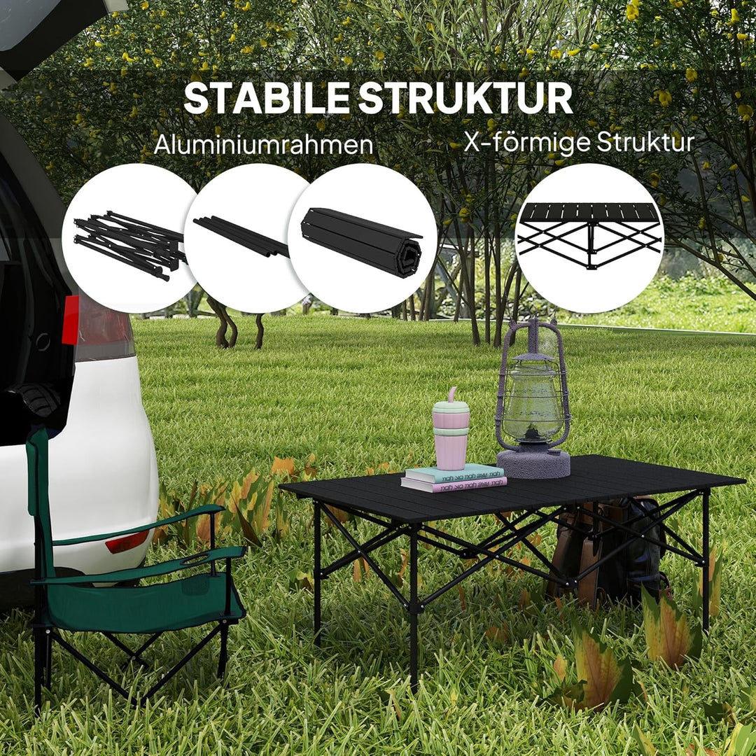 Outsunny Campingtisch Klapptisch mit Aufrollbare Tischplatte X-Rahmen Gartentisch aus Aluminium leic