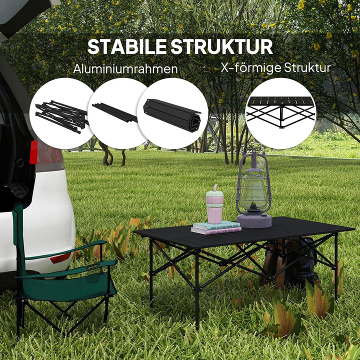 Outsunny Campingtisch Klapptisch mit Aufrollbare Tischplatte X-Rahmen Gartentisch aus Aluminium leic