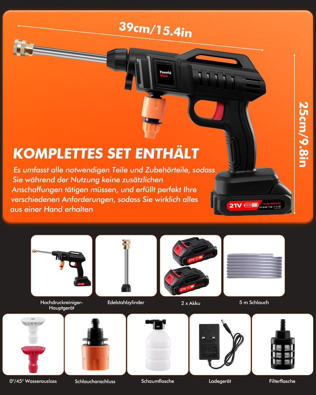 Akku Hochdruckreiniger,3-in-1-Multifunktionsdüse,21 V, 1500 W, 60 bar,Tragbarer Hochdruckreinigers,2