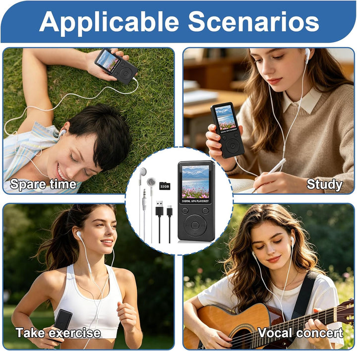 MP3 Player Bluetooth 5.0 32GB mit Lautsprecher, 70 Std Musikplayer Verlustfreier Sound, 1,8 Zoll TFT