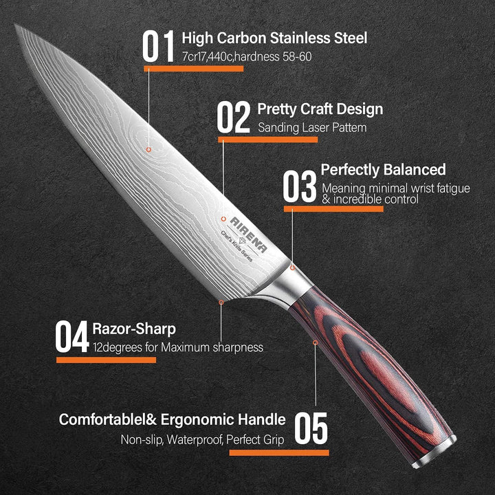 AIRENA Kochmesser, 8" Top Küchenmesser - Japanisches Messer Damaskus-Stil - Premium Rostfreier deuts