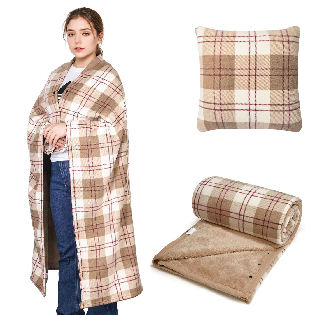 Tragbare Decke Kompaktes Kissen 2-in-1-Schossdecke Damen Poncho Fleece mit Knopf Karierte Tagesdecke