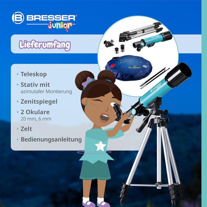 Bresser Junior Linsenteleskop 50/360 für Kinder - Astronomie Einsteigerset mit Zelt, Refraktor Teles