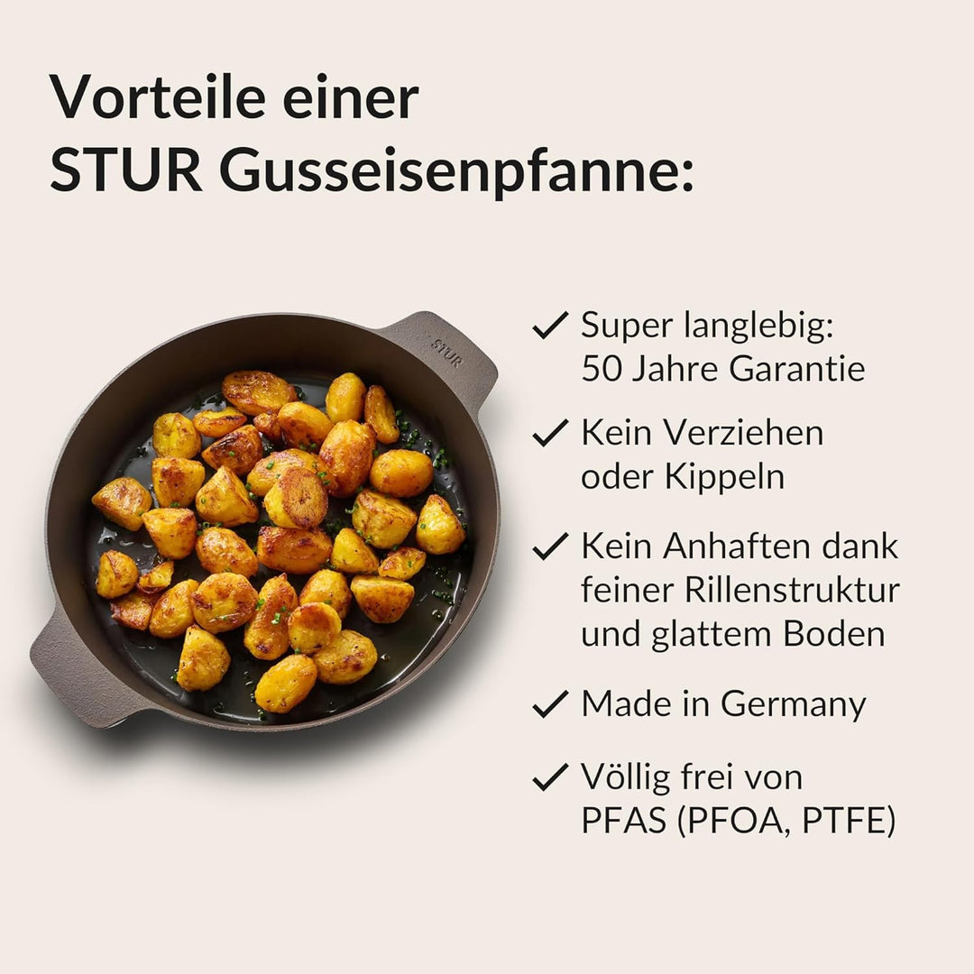 STUR - ORIGINAL Gusseisenpfanne Induktion 32cm mit 2 Griffen - Cast Iron Pan für alle Herdarten - Gr