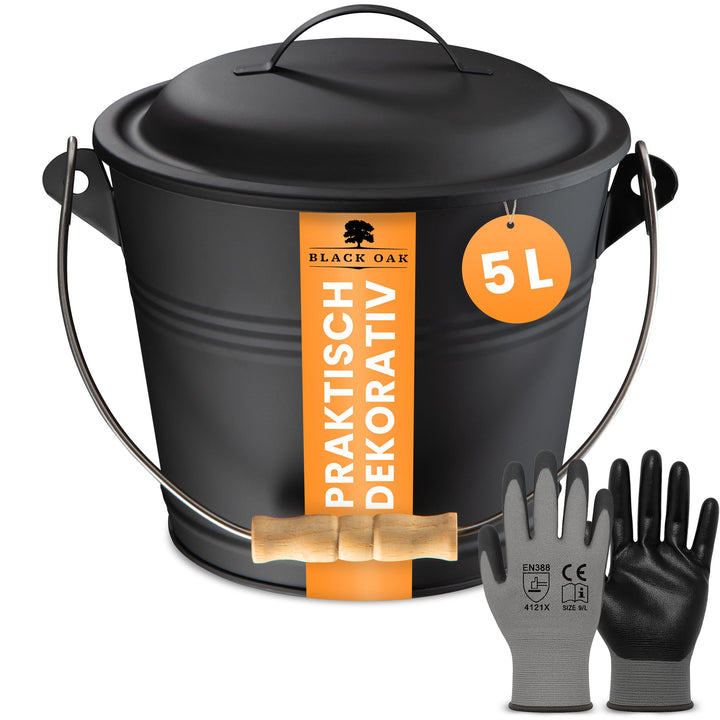BLACK OAK Ascheeimer PITON 5L - schwarz mit Deckel & Holz-Griff + Handschuhen - 5L gross Stahl feuer