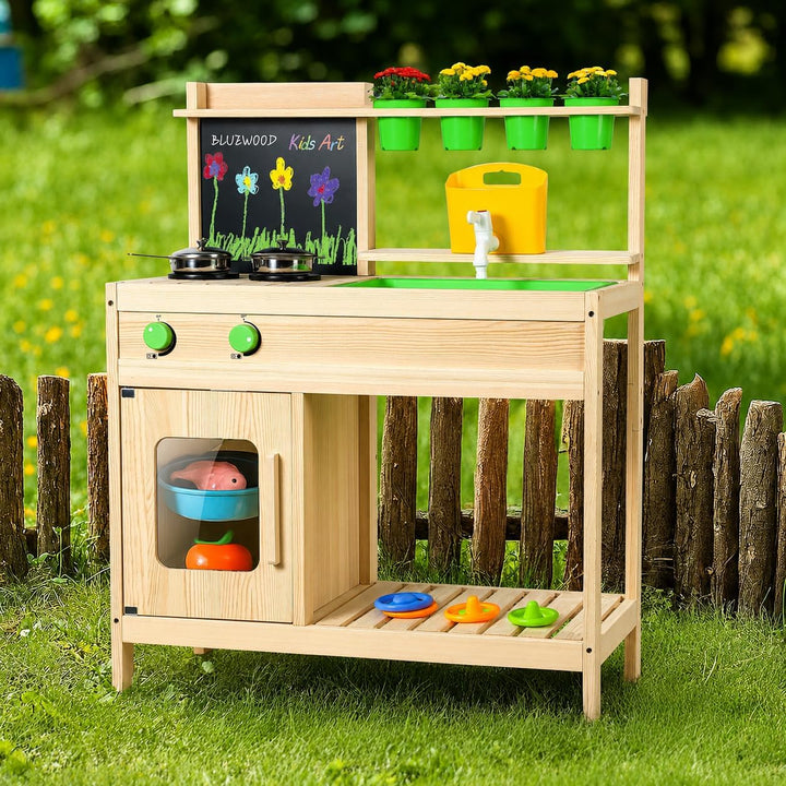 BlueWood Matschküche Kinder Outdoor – FSC Holz Küche mit Wasserhahn, Spielbecken &amp; Stauraum für Gart