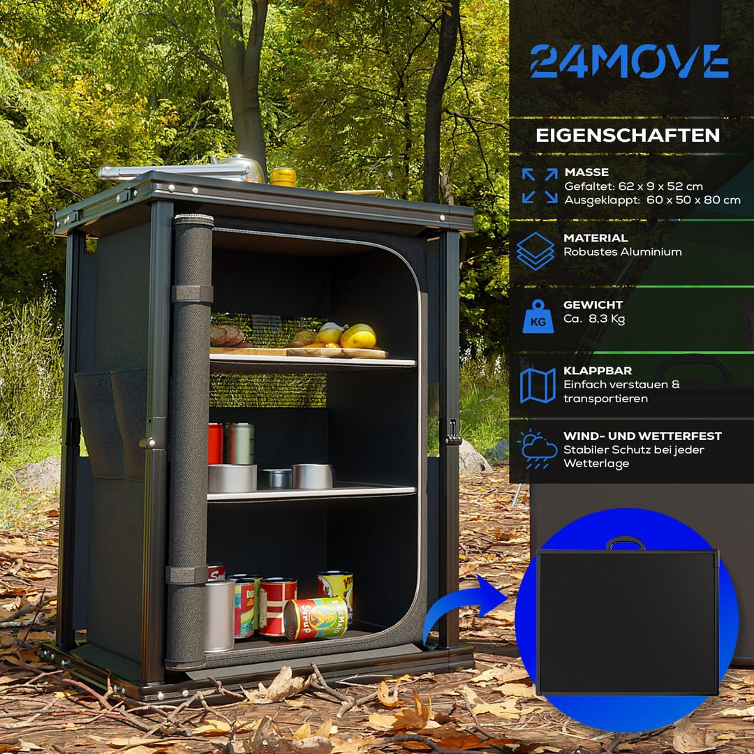 24MOVE® Campingküche faltbar, höhenverstellbarer Campingschrank Alu Reiseküche mit Arbeitsplatte und