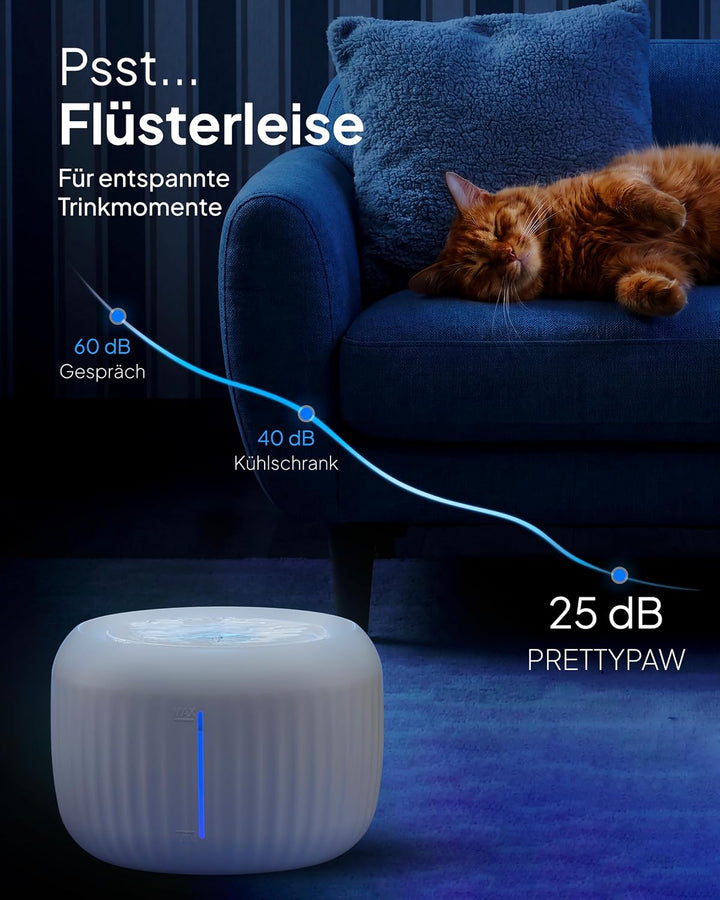 Pretty Paw Katzenbrunnen mit Leiser Pumpe, LED und Aktivkohlefilter, 2,5L Weis, Weis