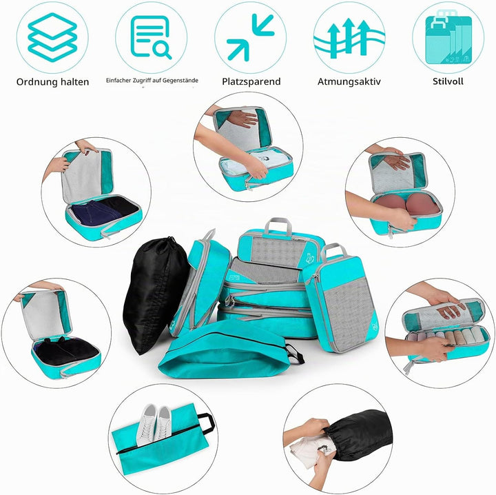 Koffer Organizer Set 7-teilig, Packtaschen mit Kompression, Compression Packing Cubes für Rucksack u