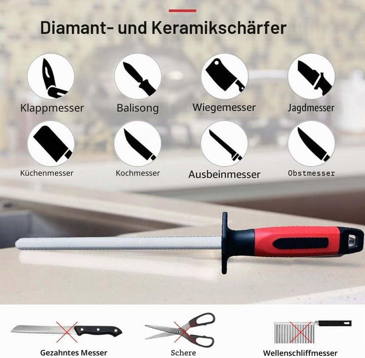 RGBS Messerschärfer, 25,4 cm Keramik-Schleifstab mit Diamantstein, Rot, für Zuhause, Küche, Messer,