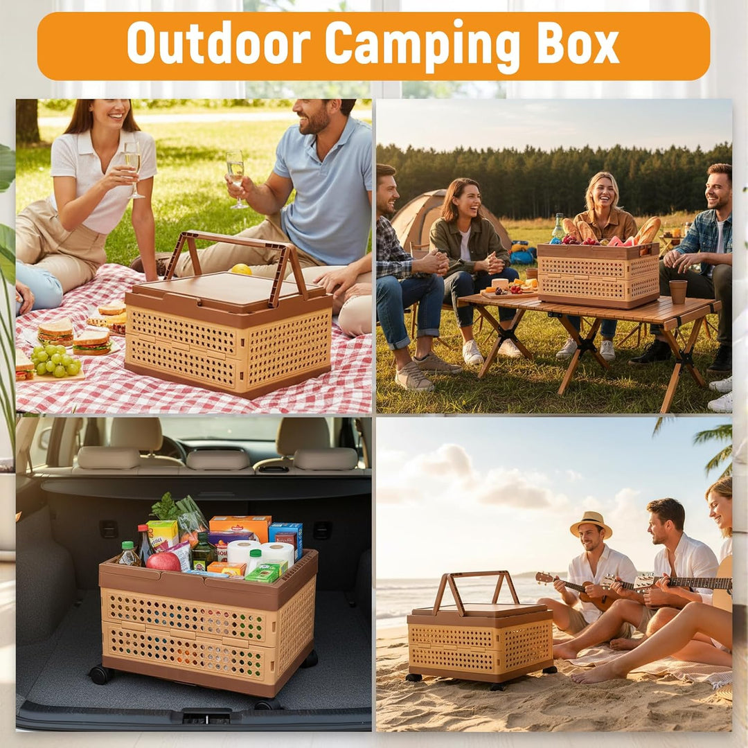 Klappbox mit Deckel, 28L Tragbar Picknickkorb Campingbox mit Henkel 4 Rollen Kunststoff Aufbewahrung