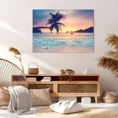 Bilder auf Leinwand 100x70cm Leinwandbild mit Rahmen Meer Strand Palme Gross Wanddeko Bild Schlafzim