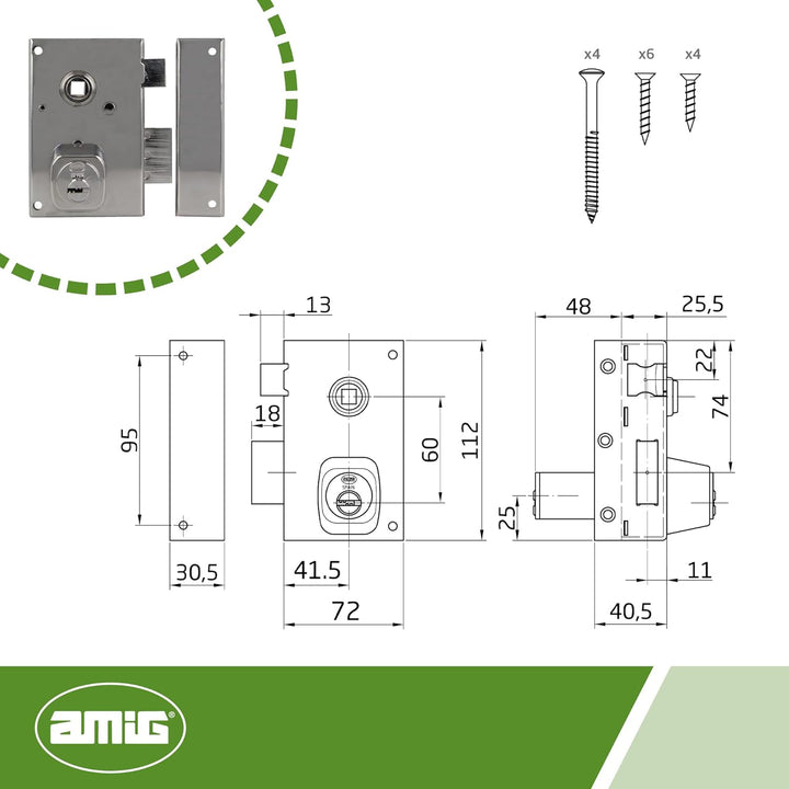 Amig - Aufschraubschloss DIN rechts mit Schliesshebel, Falle und Vierkant für Holztüren Mod. 75N - 7