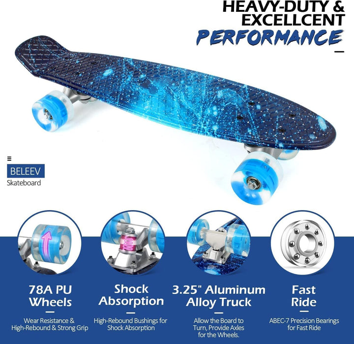 BELEEV Skateboard für Kinder, 56 cm Cruiser Skateboard Mädchen Junge Anfänger Jugendliche Erwachsene