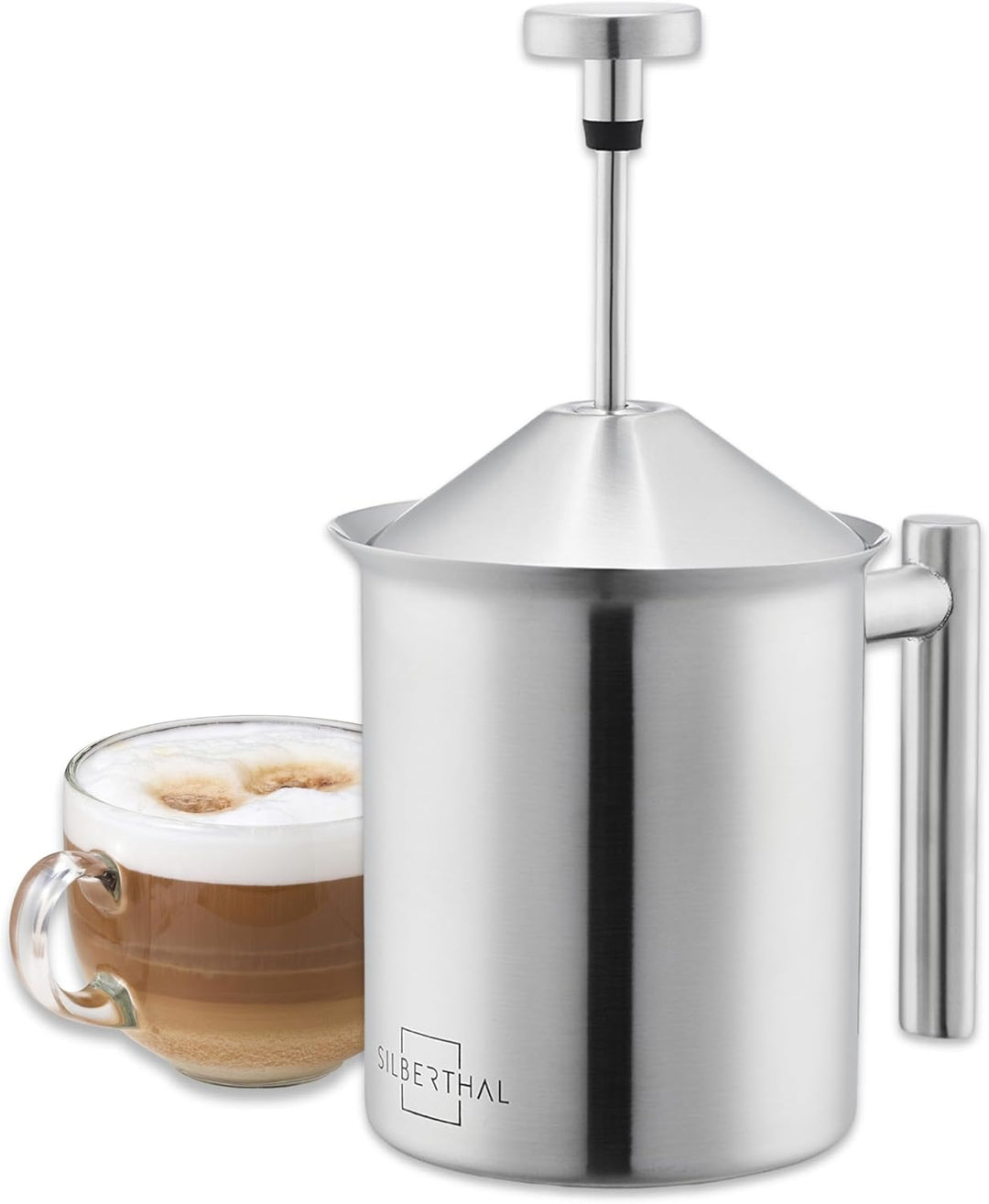 SILBERTHAL Milchaufschäumer Manuell Edelstahl - 400ml - Perfekter Milchschaum dank doppeltem Sieb un