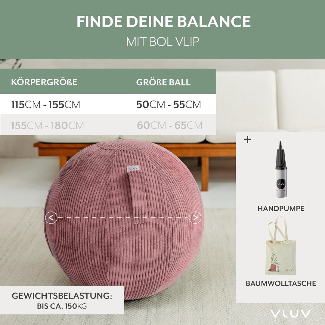 VLUV® BOL VLIP Sitzball Büro Ergonomisch [Atmungsaktiv mit Tragegriff und Wegrollschutz] Waschbarer