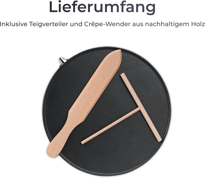 KLAMER Crepes Maker, Backfläche mit 30cm Ø, antihaftbeschichtete Platte, inkl. Teigverteiler und Wen