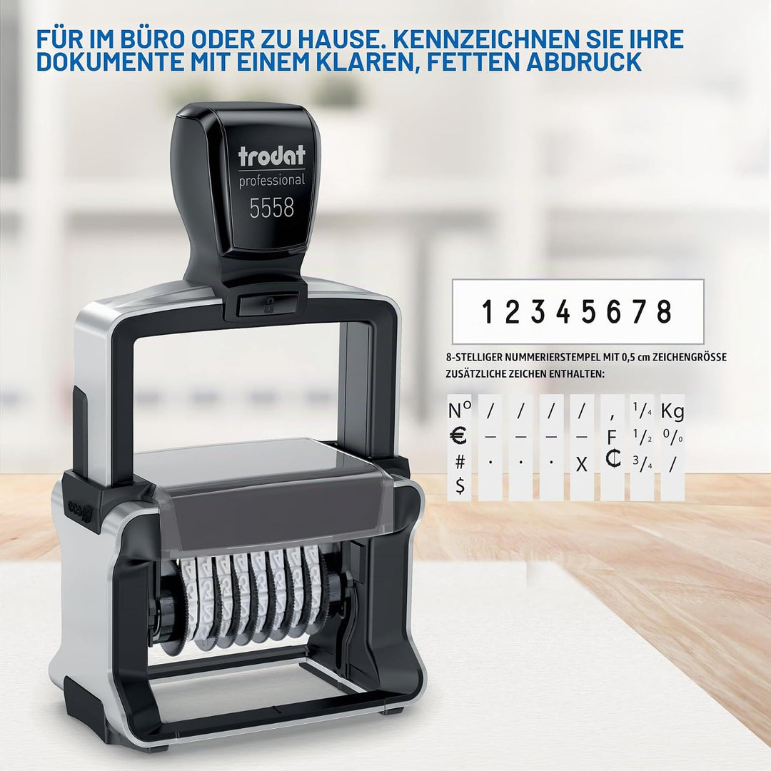 Trodat Professional 5558 Nummernstempel 8 Bänder, Selbstfärbend, 5 mm Schrifthöhe, Abdruck schwarz 8
