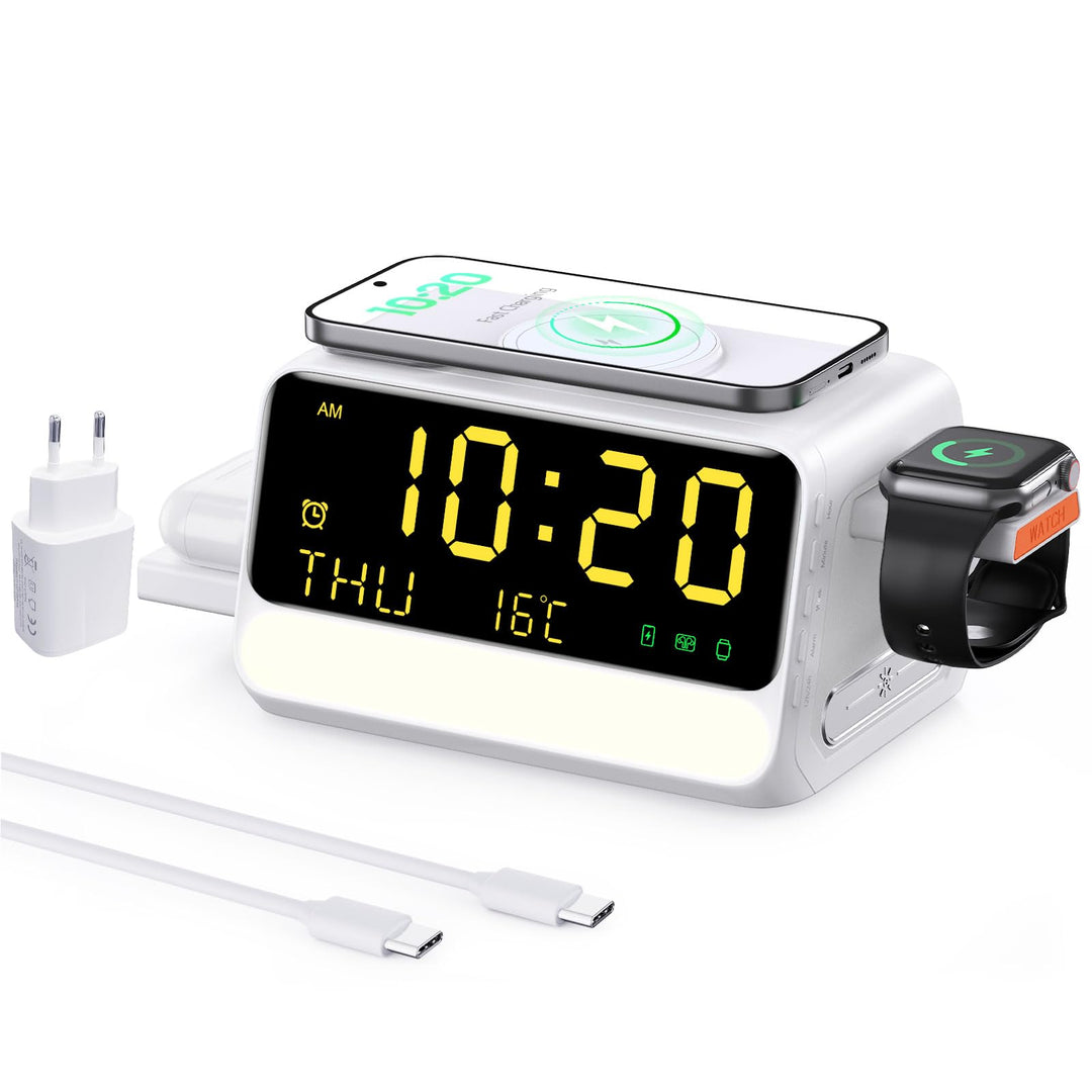 7-in-1 kabellose Ladestation mit Wecker, sprachgesteuertem Nachtlicht, Temperatur &amp; Datum, inklusive