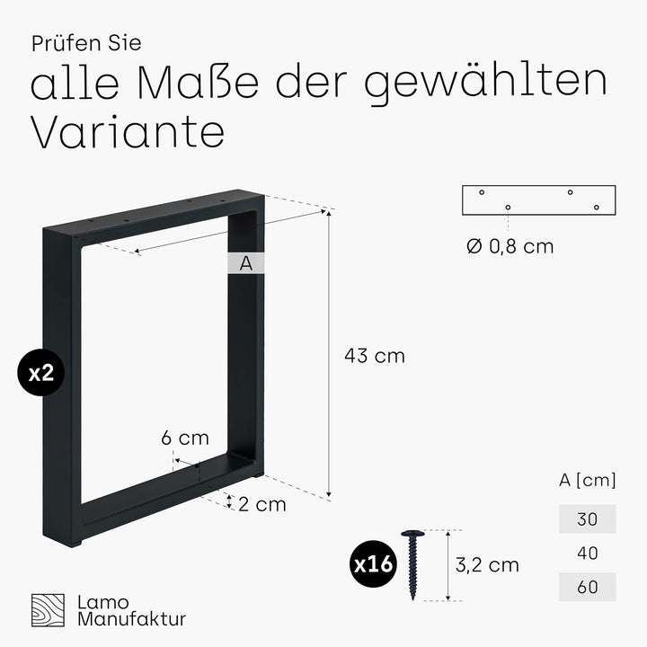 LAMO Manufaktur Tischbeine für Sitzbank, Couchtisch, Beistelltisch, Simple Light, Vierkantprofil 60x