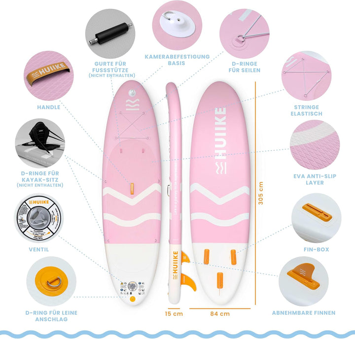 HUIIKE Stand Up Paddling Board mit Zubehör, Paddel, Finnen, Leash, Pumpe, Rucksack. SUP-Board Aufbla
