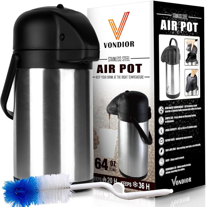 Vondior Airpot Pumpkanne - Professionelle isolierte Kaffeekaraffe aus Edelstahl, Thermoskanne, Therm