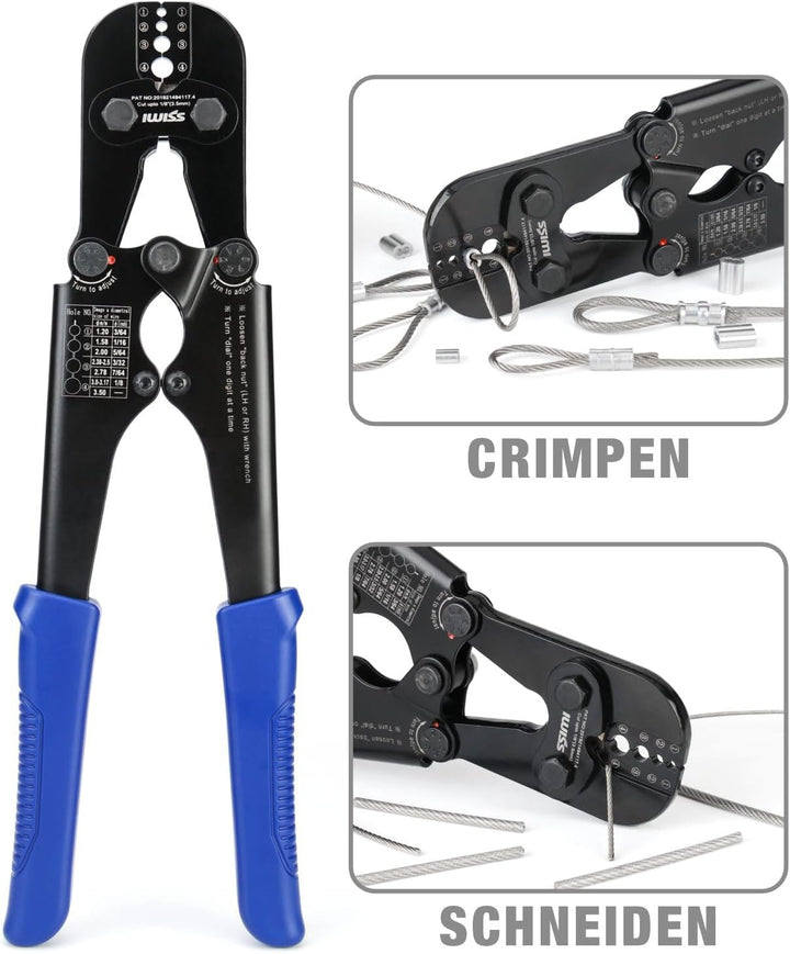 iCrimp IWS-1608M-C Drahtseil Crimpzange 1,2–3,5 mm mit Schneider | Drahtseil Crimpwerkzeug mit integ